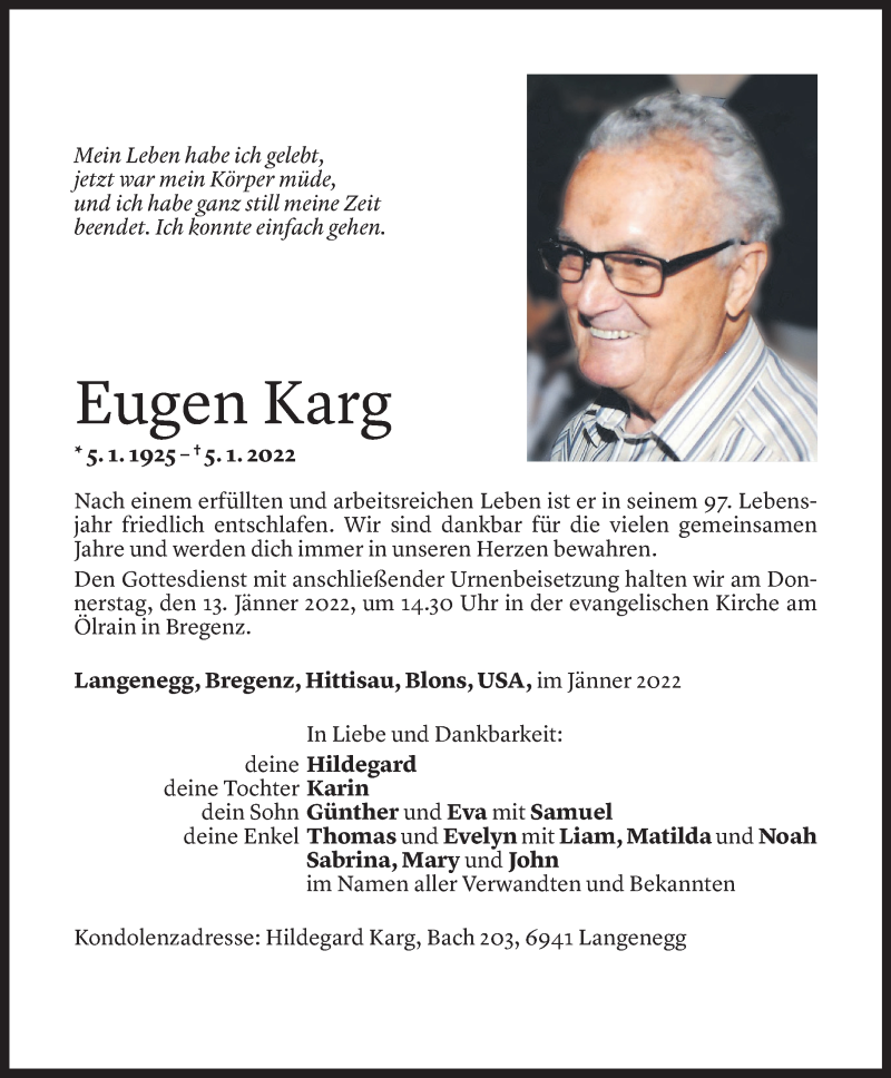  Todesanzeige für Eugen Karg vom 09.01.2022 aus Vorarlberger Nachrichten