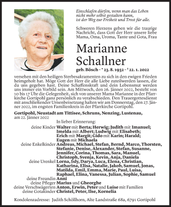 Todesanzeige von Marianne Schallner von Vorarlberger Nachrichten