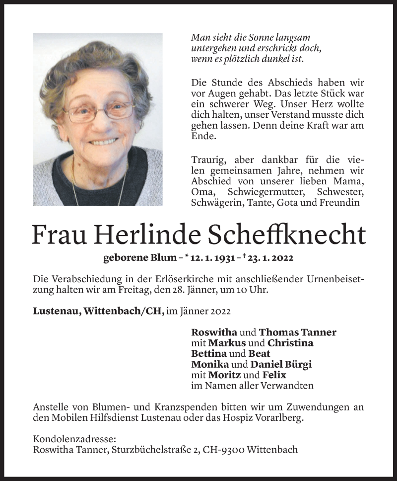  Todesanzeige für Herlinde Scheffknecht vom 25.01.2022 aus Vorarlberger Nachrichten