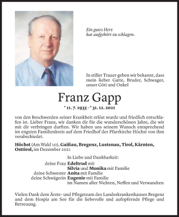 Todesanzeige von Franz Gapp von Vorarlberger Nachrichten