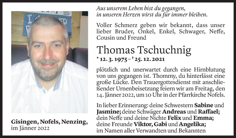  Todesanzeige für Thomas Tschuchnig vom 12.01.2022 aus Vorarlberger Nachrichten