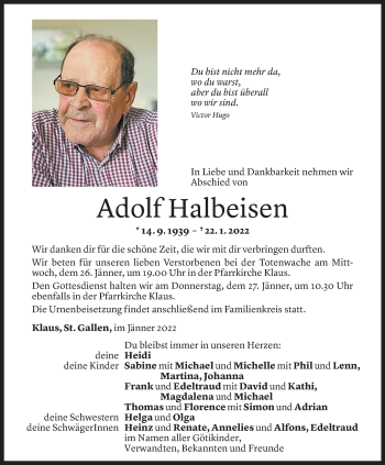 Todesanzeige von Adolf Halbeisen von Vorarlberger Nachrichten