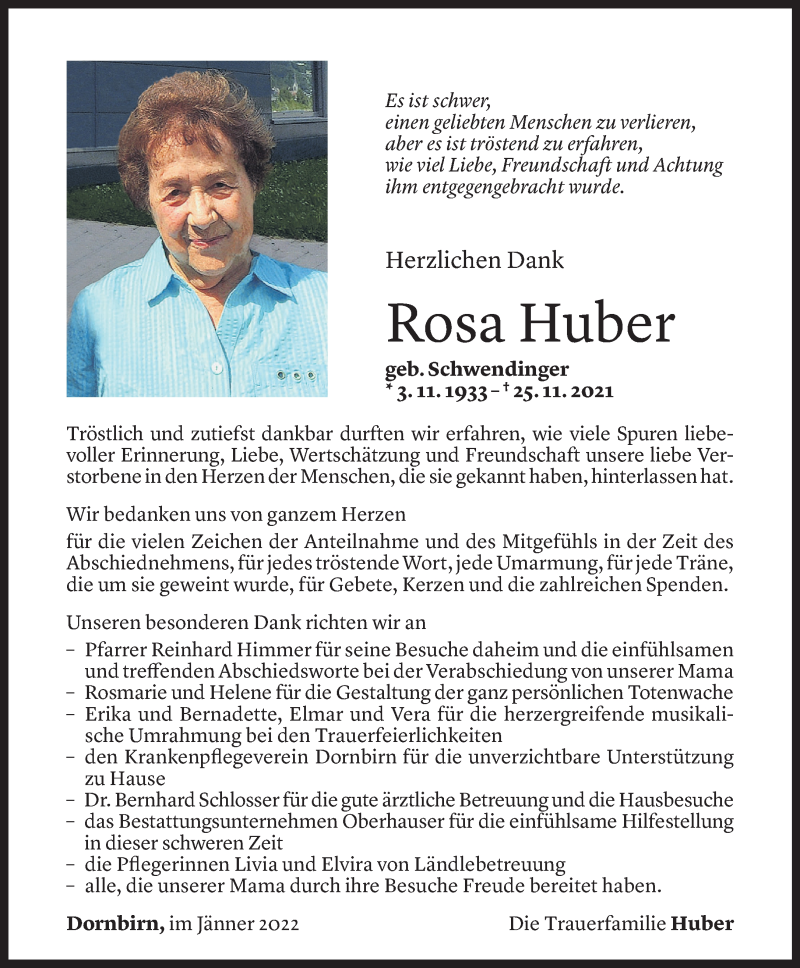  Todesanzeige für Rosa Huber vom 07.01.2021 aus Vorarlberger Nachrichten