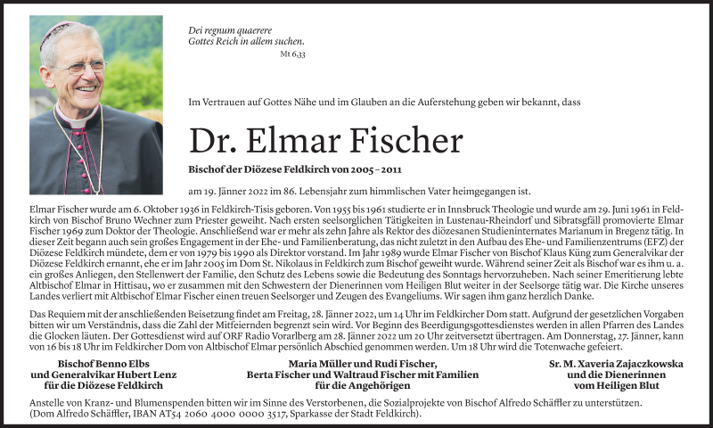  Todesanzeige für Elmar Fischer vom 24.01.2022 aus Vorarlberger Nachrichten