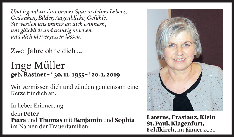  Todesanzeige für Inge Müller vom 20.01.2021 aus vorarlberger nachrichten