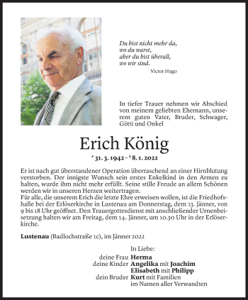 Todesanzeige von Erich König von Vorarlberger Nachrichten