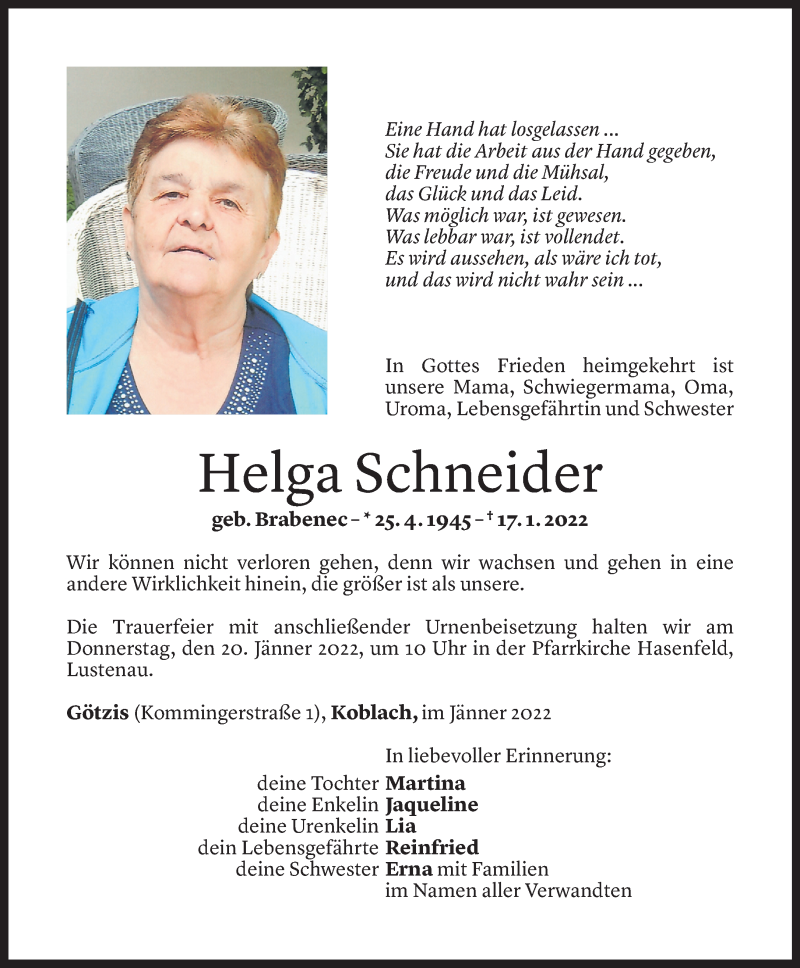  Todesanzeige für Helga Schneider vom 18.11.2021 aus Vorarlberger Nachrichten