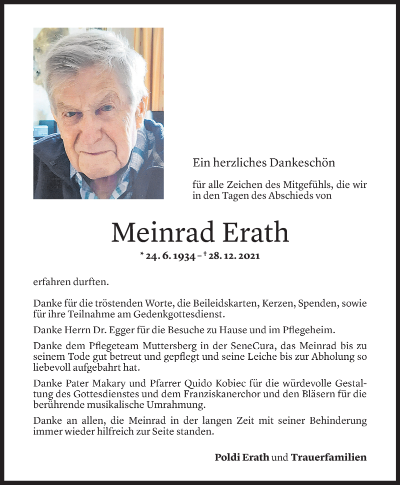  Todesanzeige für Meinrad Erath vom 13.01.2022 aus Vorarlberger Nachrichten