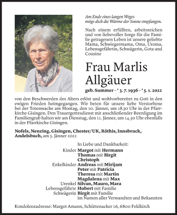 Todesanzeige von Marlis Allgäuer von Vorarlberger Nachrichten