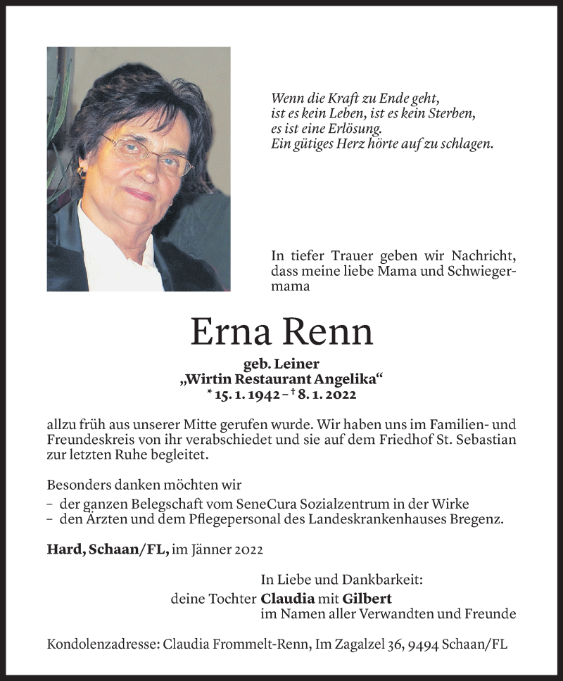  Todesanzeige für Erna Renn vom 15.01.2022 aus Vorarlberger Nachrichten