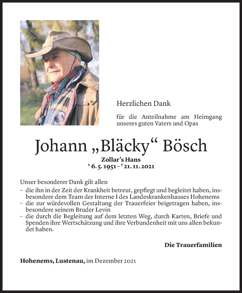  Todesanzeige für Johann Bösch vom 07.01.2022 aus Vorarlberger Nachrichten