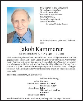 Todesanzeige von Jakob Kammerer von Vorarlberger Nachrichten