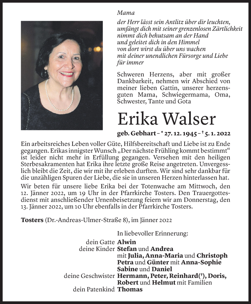  Todesanzeige für Erika Walser vom 09.01.2022 aus Vorarlberger Nachrichten