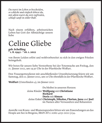 Todesanzeige von Celine Gliebe von Vorarlberger Nachrichten