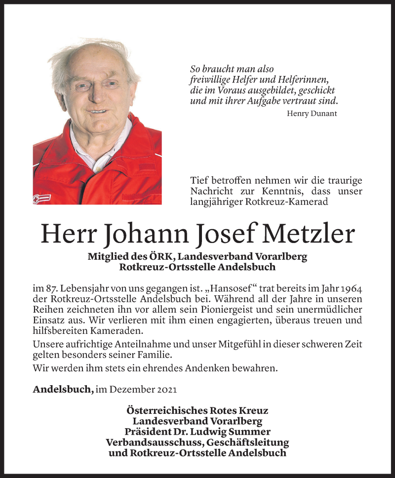  Todesanzeige für Johann Josef Metzler vom 03.01.2022 aus Vorarlberger Nachrichten