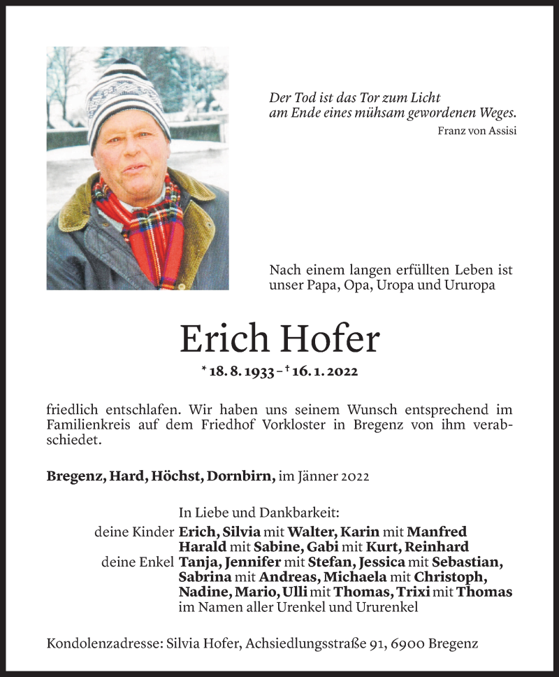  Todesanzeige für Erich Hofer vom 22.01.2022 aus Vorarlberger Nachrichten