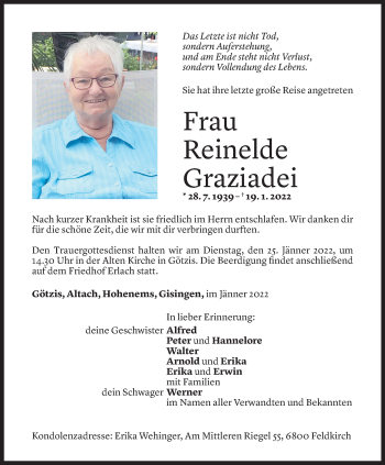 Todesanzeige von Reinelde Graziadei von Vorarlberger Nachrichten