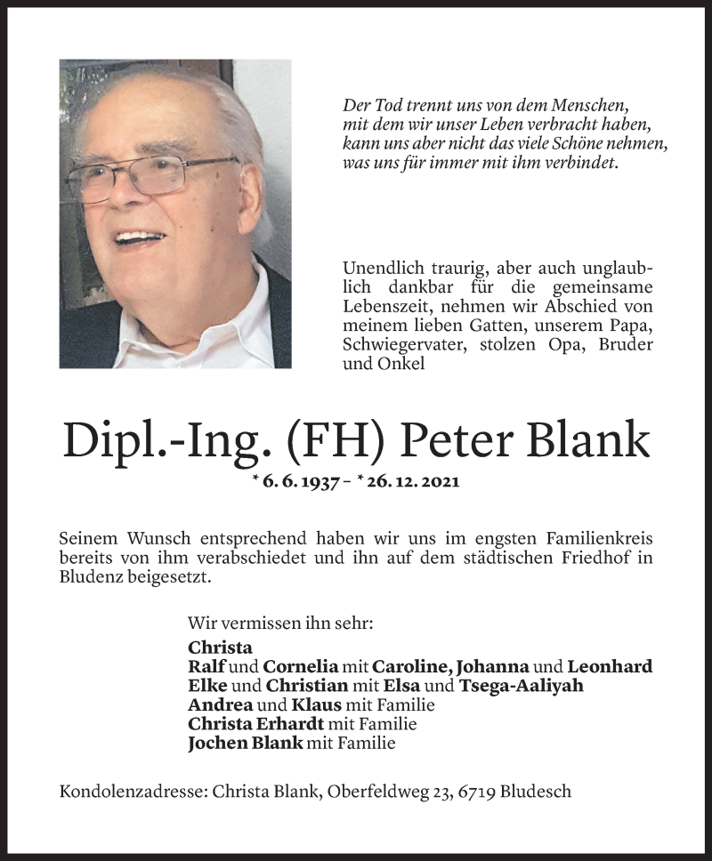  Todesanzeige für Peter Blank vom 08.01.2022 aus Vorarlberger Nachrichten