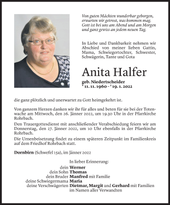 Todesanzeige von Anita Halfer von Vorarlberger Nachrichten