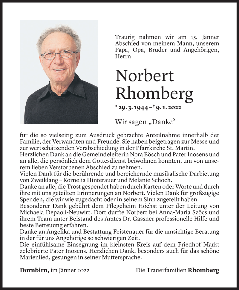  Todesanzeige für Norbert Rhomberg vom 26.01.2022 aus Vorarlberger Nachrichten