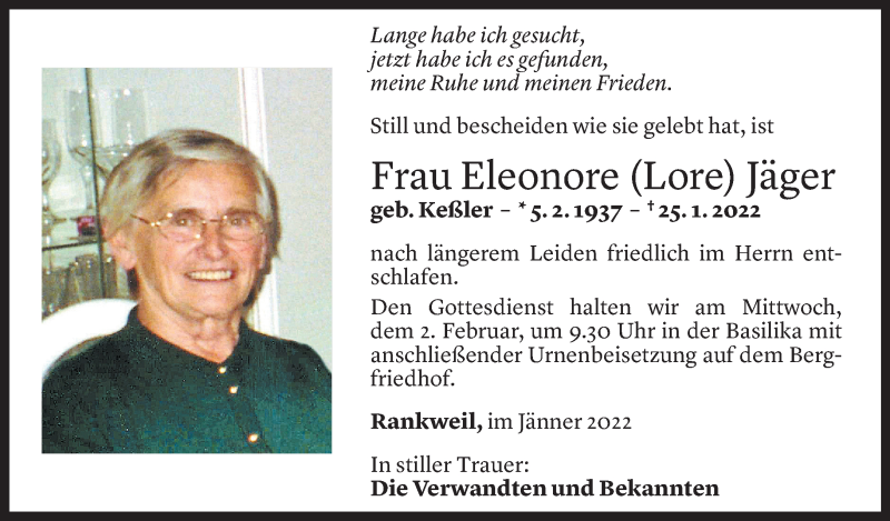  Todesanzeige für Eleonore Jäger vom 31.01.2022 aus Vorarlberger Nachrichten