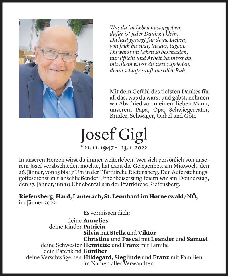  Todesanzeige für Josef Gigl vom 24.01.2022 aus Vorarlberger Nachrichten