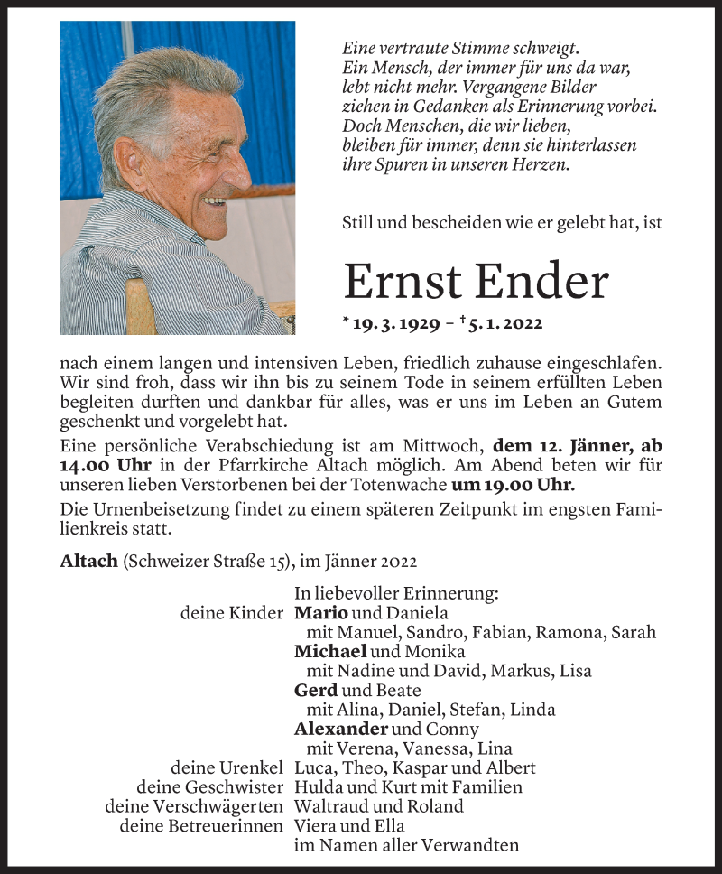  Todesanzeige für Ernst Ender vom 08.01.2022 aus Vorarlberger Nachrichten