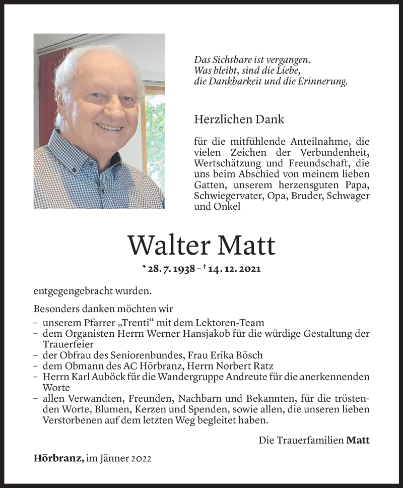  Todesanzeige für Walter Matt vom 13.01.2022 aus Vorarlberger Nachrichten