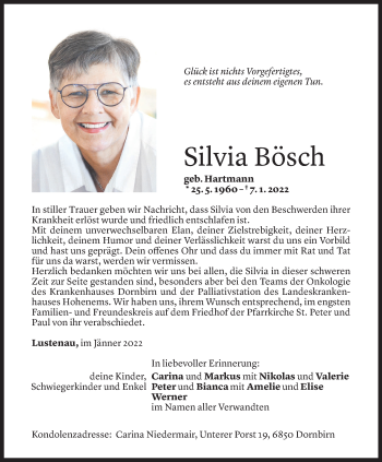 Todesanzeige von Silvia Bösch von Vorarlberger Nachrichten