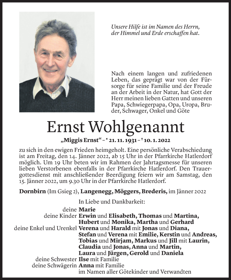  Todesanzeige für Ernst Wohlgenannt vom 12.01.2022 aus Vorarlberger Nachrichten