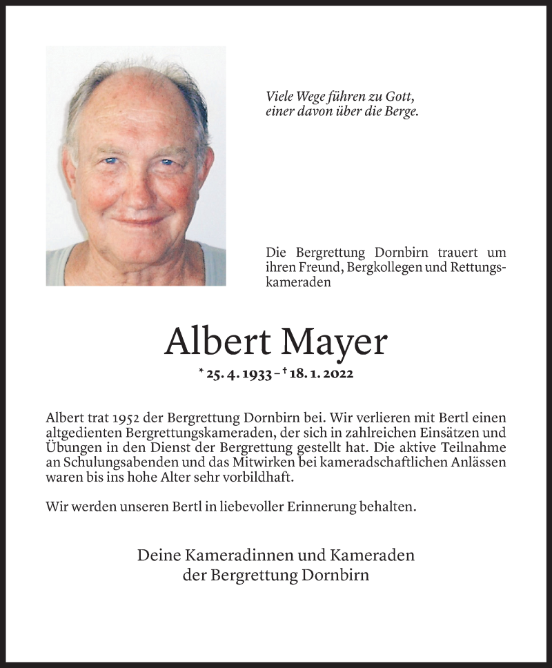  Todesanzeige für Albert Mayer vom 20.01.2022 aus Vorarlberger Nachrichten
