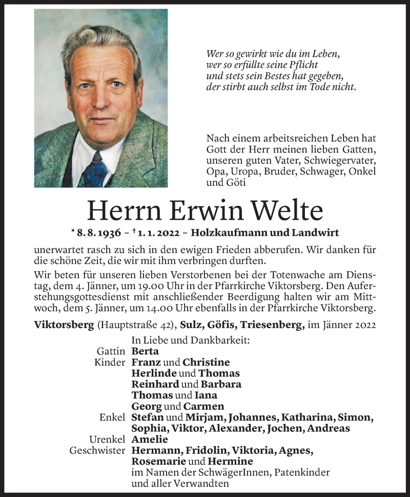  Todesanzeige für Erwin Welte vom 03.01.2022 aus Vorarlberger Nachrichten