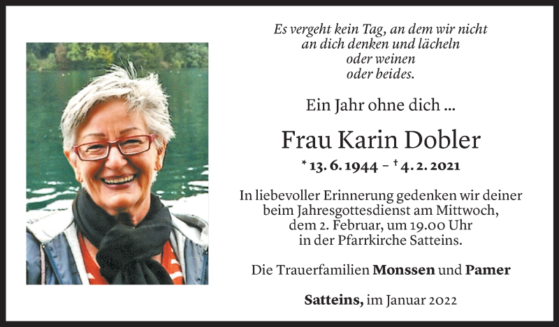  Todesanzeige für Karin Dobler vom 31.01.2022 aus Vorarlberger Nachrichten