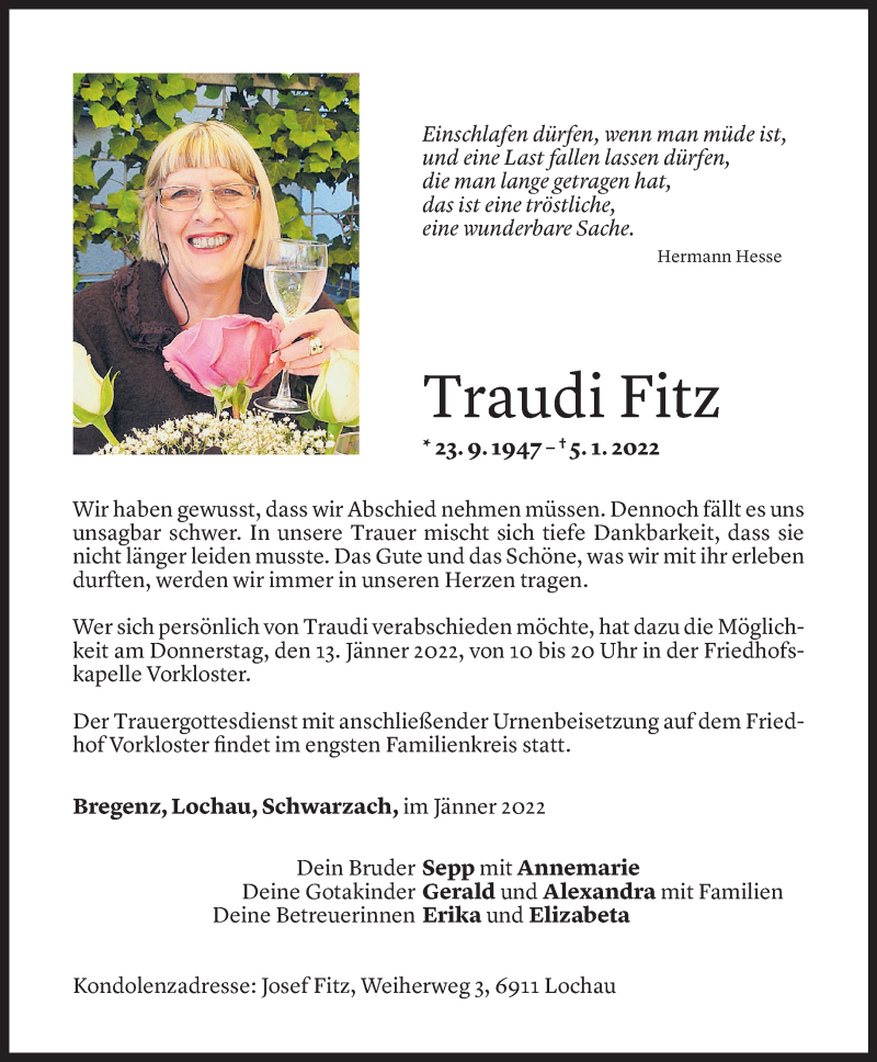  Todesanzeige für Waltraud Fitz vom 10.01.2022 aus Vorarlberger Nachrichten