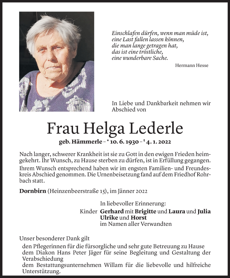  Todesanzeige für Helga Lederle vom 12.01.2022 aus Vorarlberger Nachrichten