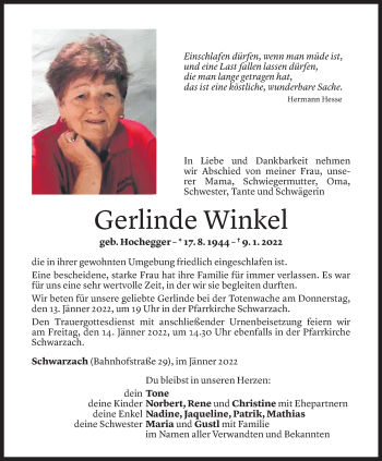 Todesanzeige von Gerlinde Winkel von Vorarlberger Nachrichten