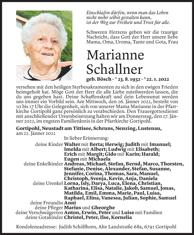  Todesanzeige für Marianne Schallner vom 25.01.2022 aus Vorarlberger Nachrichten