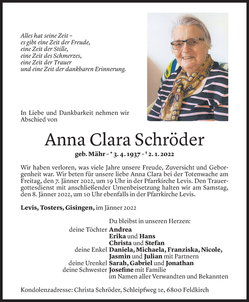  Todesanzeige für Anna Clara Schröder vom 04.01.2022 aus Vorarlberger Nachrichten