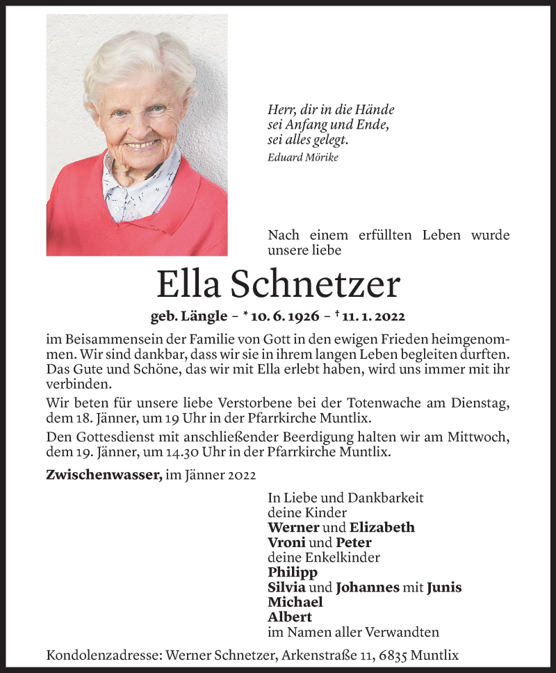  Todesanzeige für Ella Schnetzer vom 15.01.2022 aus Vorarlberger Nachrichten