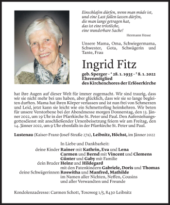 Todesanzeige von Ingrid Fitz von Vorarlberger Nachrichten