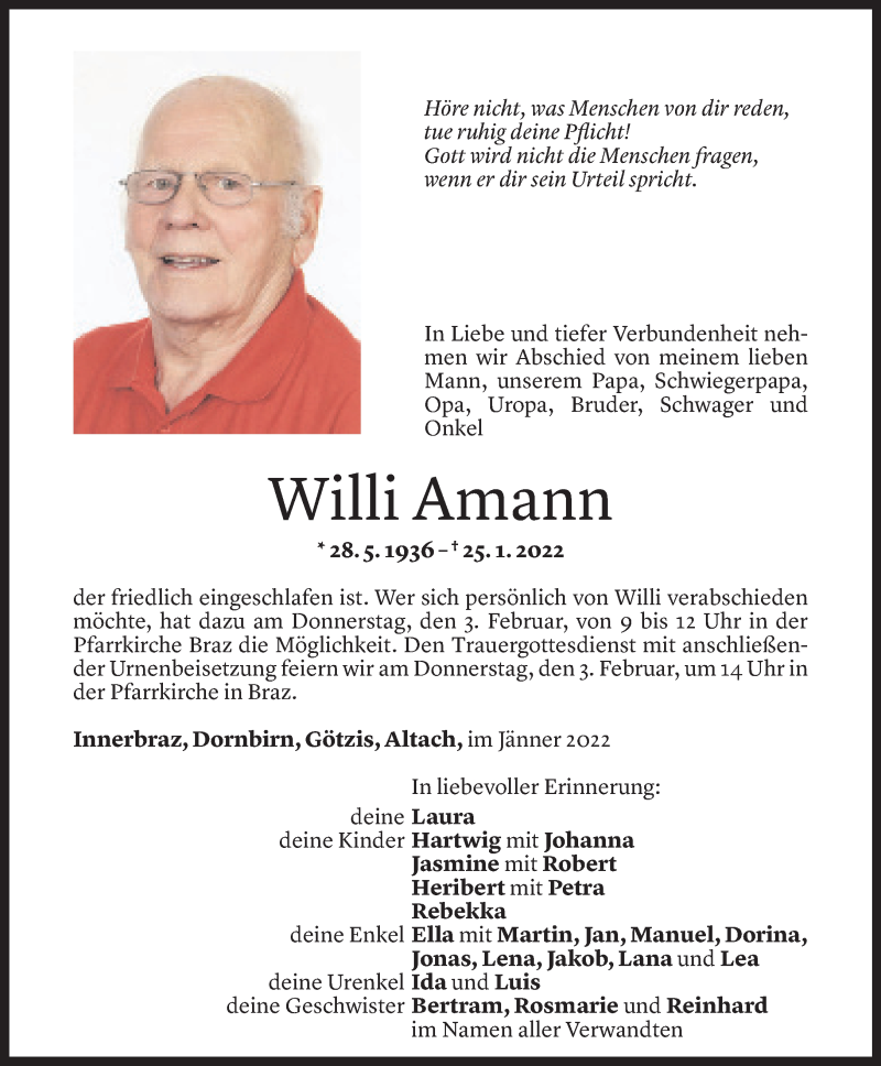  Todesanzeige für Willi Amann vom 31.01.2022 aus Vorarlberger Nachrichten