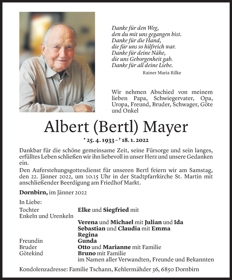  Todesanzeige für Albert Mayer vom 20.01.2022 aus vorarlberger nachrichten