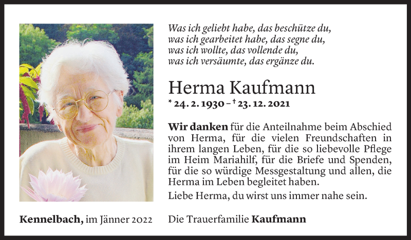  Todesanzeige für Herma Kaufmann vom 21.01.2022 aus Vorarlberger Nachrichten