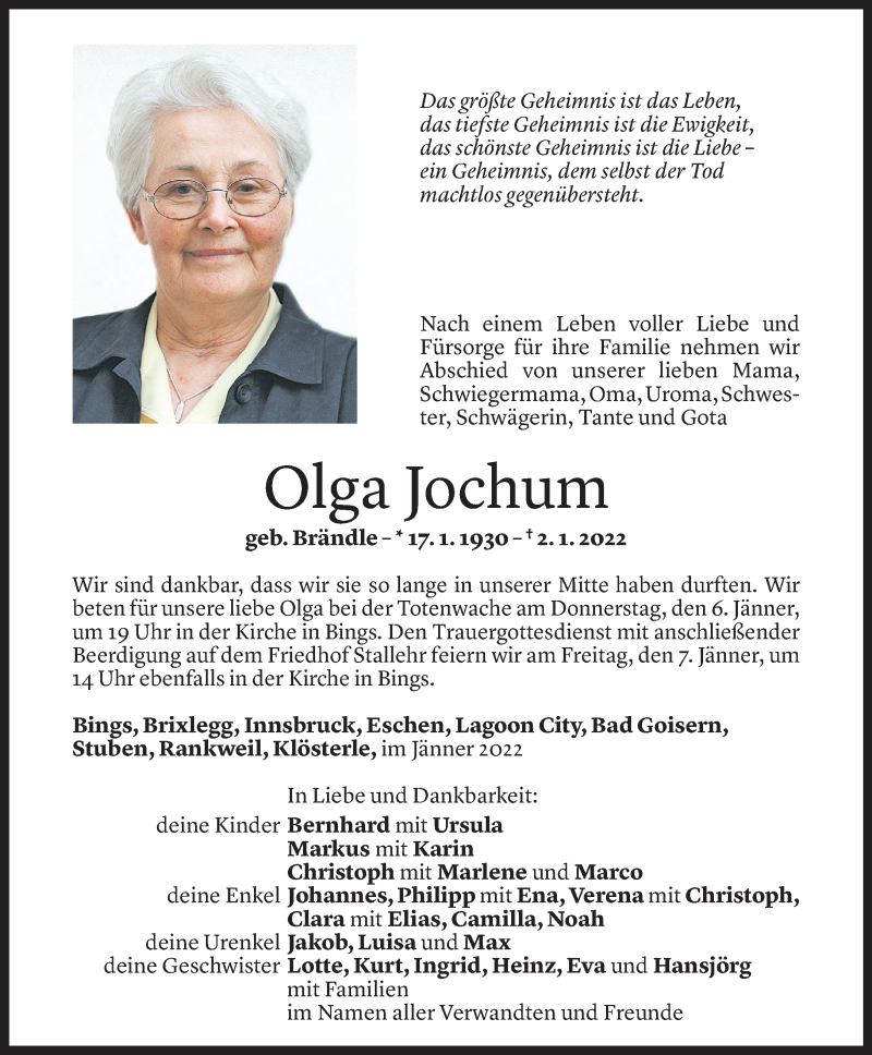  Todesanzeige für Olga Jochum vom 04.01.2022 aus Vorarlberger Nachrichten