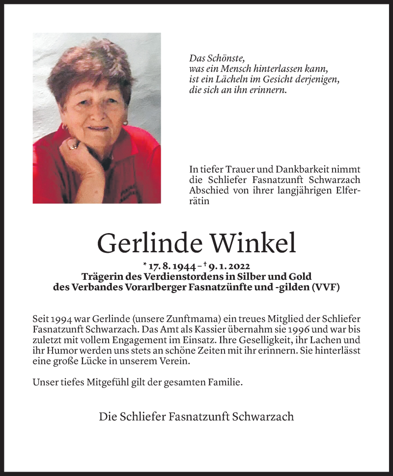  Todesanzeige für Gerlinde Winkel vom 11.01.2022 aus Vorarlberger Nachrichten