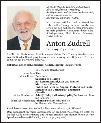 Todesanzeige von Anton Zudrell von Vorarlberger Nachrichten