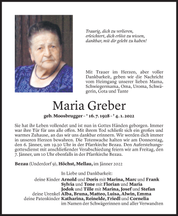 Todesanzeige von Maria Greber von Vorarlberger Nachrichten