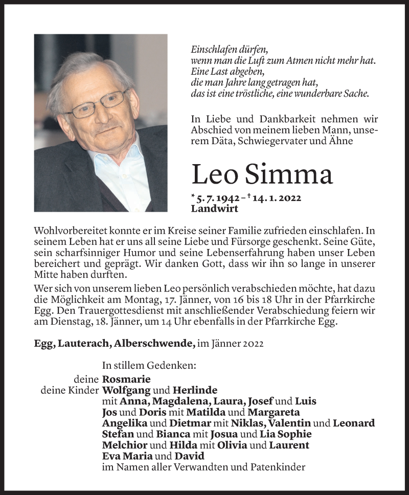  Todesanzeige für Leo Simma vom 16.01.2022 aus Vorarlberger Nachrichten