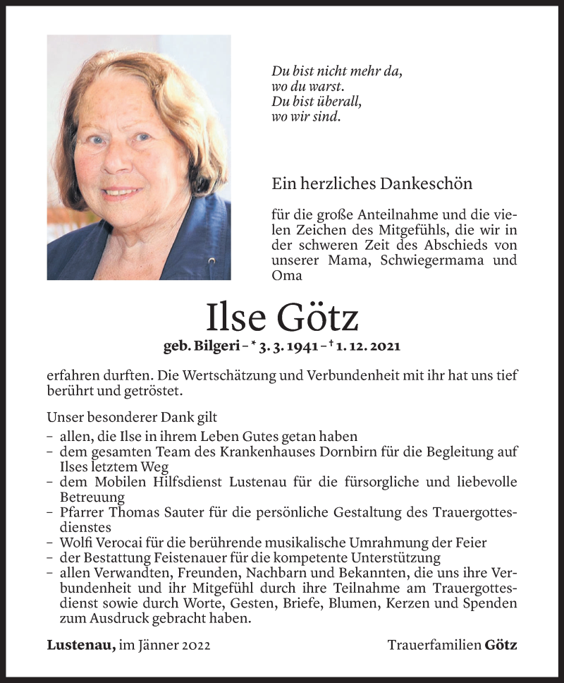  Todesanzeige für Ilse Götz vom 21.01.2022 aus Vorarlberger Nachrichten