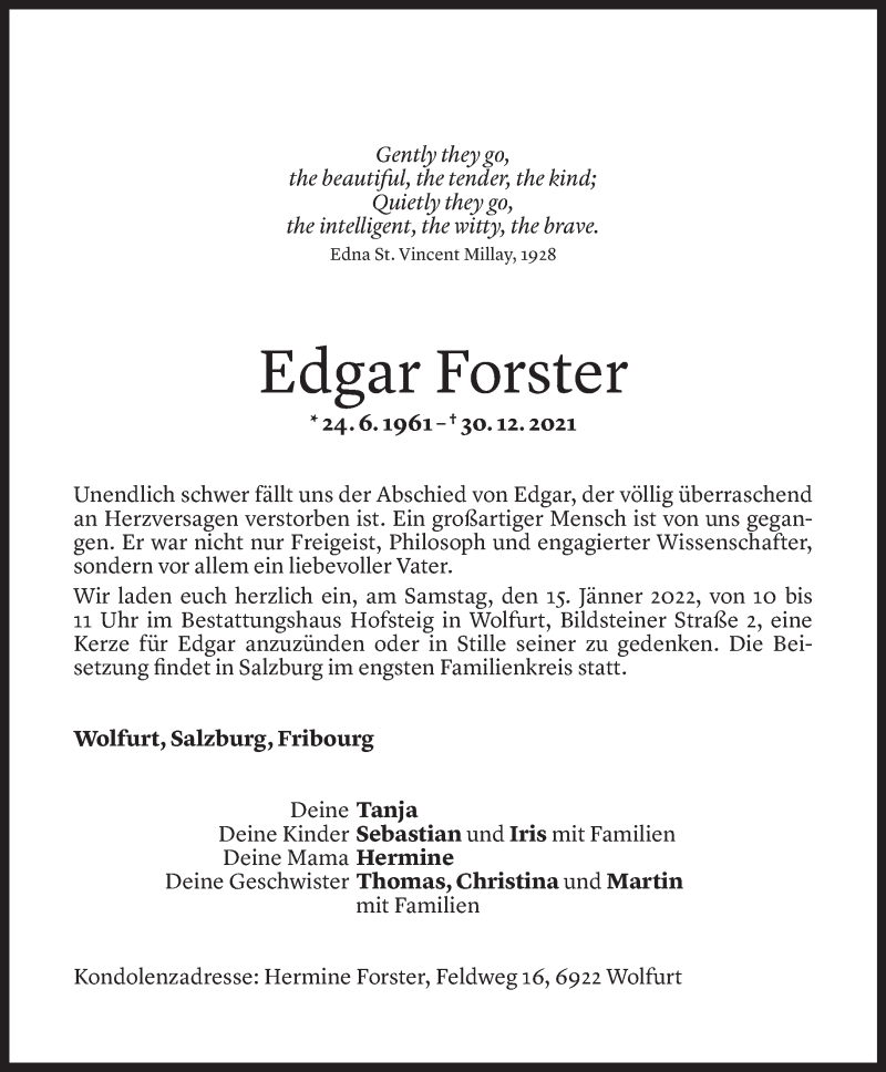  Todesanzeige für Edgar Forster vom 10.01.2022 aus Vorarlberger Nachrichten